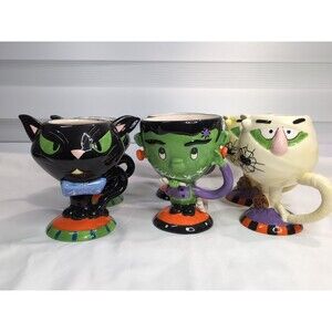 Set Of 6 Halloween Mugs Ceramic Cat Mummy Frankenstein's Monster Good Condition